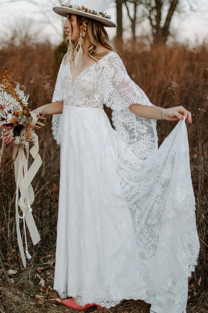 Lace V Neck Backless Boho Wedding ...